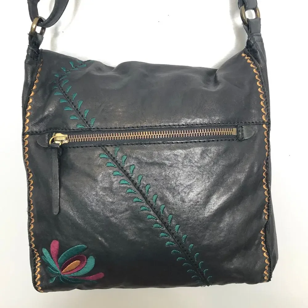 Lucky Brand Abbey Road Lambs Leather Embroidered Cross Body Tote Black